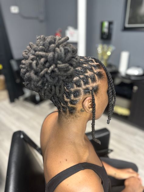 Pedal Dread Styles, Locs Styles For Prom, Prom Locs Hairstyles For Women, Loc Hairstyles Prom, Flower Locs Style, Dreadlocks Bun Hairstyles, Wedding Guest Locs Hairstyles, Dread Bun Styles Women, Loc Bun Styles Black Women