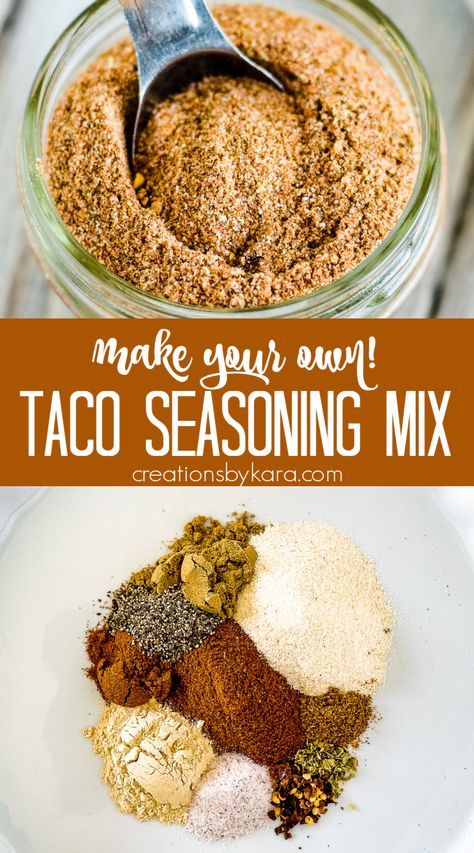 Making homemade Taco Seasoning Mix is so easy, and the taste can't be beat. You may want to triple the batch so you can always have it on hand for Taco Tuesday! #homemadetacoseasoning #tacomeatseasoning #tacoseasoning #glutenfreetacoseasoning #ketotacoseasoning -Creations by Kara Diy Taco Seasoning Easy, Home Made Taco Seasoning, Taco Meat Seasoning, Taco Seasoning Easy, Gluten Free Taco Seasoning, Diy Taco Seasoning, Keto Taco Seasoning, Mild Taco Seasoning, Homemade Taco Seasoning Mix