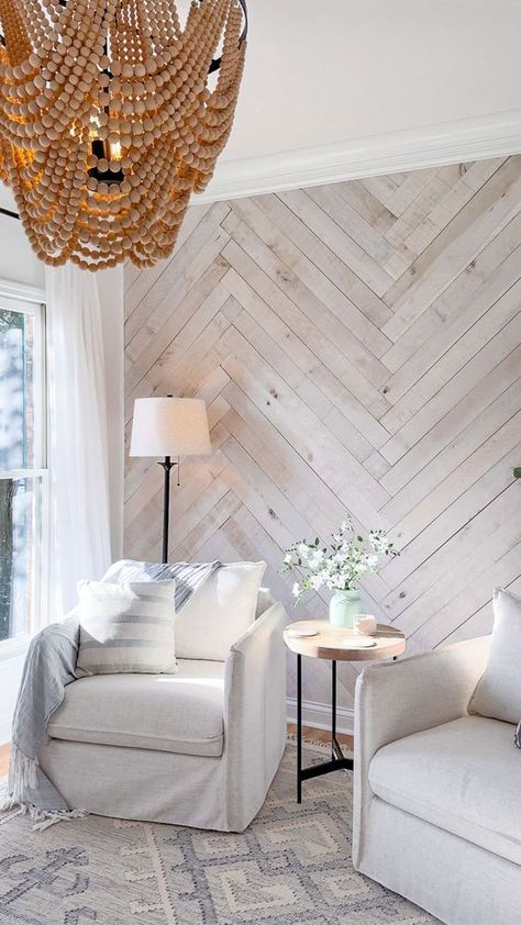 How to install a DIY herringbone accent wall with weathered wall boards from Weaber Lumber. This is the perfect coastal sitting room! Coastal Living Rooms Accent Wall, Herringbone Plank Wall, Chevron Shiplap Wall, Shiplap Wallpaper Accent Wall, Shiplap Accent Wall Living Room, Coastal Accent Wall, Diy Accent Walls, Herringbone Accent Wall, Weathered Wall