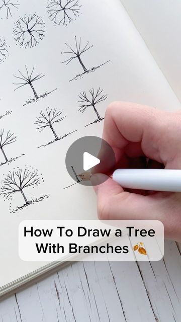 Drawing Ideas Trees Nature, Tree With Falling Leaves Drawing, Simple Trees Drawing, Landscape Ideas Sketch, Drawing Trees Simple, Draw Tree Easy, Tree Sketches Simple, How To Draw Trees Step By Step, How To Draw Leaves