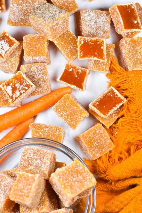 Featuring a spiced carrot filling coated in a crunchy layer of sugar, these sweet and simple confections taste just like a slice of carrot cake, but in gummy candy form! Fruit Jelly Candy Recipe, Gelee Recipe, Jelly Candy Recipe, Ginger Candy Recipe, Carrot Candy, Jelly Gummies, Ginger Candy, Spiced Carrots, Gluten Free Candy