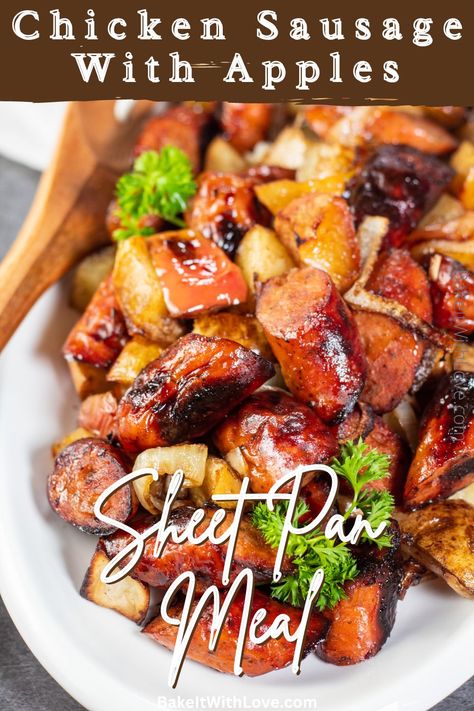 This chicken sausage with apples, onions, and potatoes sheet pan dinner is easy to make and bursting with sweet and savory flavors! With just 10 minutes of prep work, you'll have a mouthwatering meal that's sure to please everyone at the table! Simply toss all the ingredients together, place them on a baking sheet, then let the oven do the work for you! BakeItWithLove.com #bakeitwithlove #chicken #sausage #apples #onions #potatoes #dinner Chicken Apple Sausage And Potatoes, Sausage Apples And Onions, Chicken Sausage Potato Bake, Apple Sausage Sheet Pan Dinner, Chicken Apple Sausage Sweet Potato, Apple Chicken Sausage Sheet Pan, Chicken Sausage Sweet Potato, Adele Chicken Apple Sausage Recipes, Chicken Apple Sausage Sweet Potato Sheet Pan