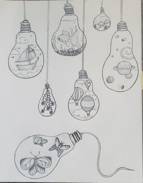 Chalk Light Bulb Art, How To Draw Lightbulb, Ball Of Light Drawing, Light Bulb Sketch Drawings, Hanging Lightbulb Drawing, Lightbulb Drawings Simple, Lightbulb Art Drawing, Baloon Drawings Pencil, Light Bulb Drawing Simple