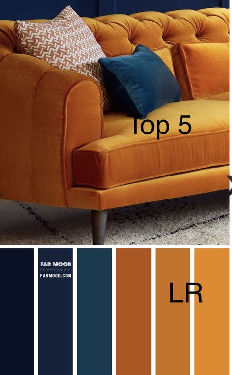 Blue And Yellow Colour Palette, Charcoal Living Rooms, Blue And Orange Living Room, Modern Room Design, Yellow Couch, Modern Boho Living Room, Orange Sofa, Blue Couches, Brown Bedroom