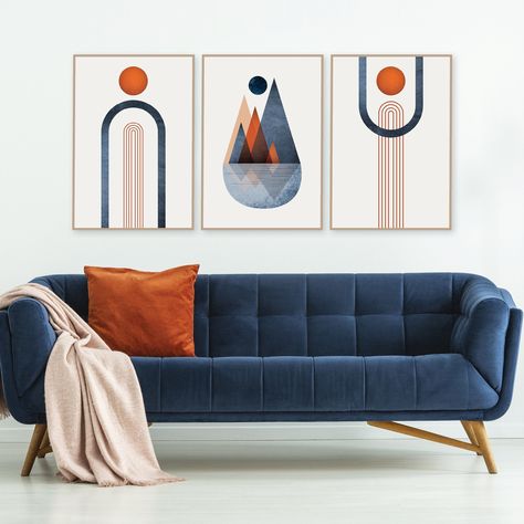 Blue And Orange Living Room, Burnt Orange Living Room, Blue Couch Living Room, Trio Matching, Navy Living Rooms, Navy Blue Living Room, Navy Blue Wall Art, Orange Sofa, Navy Blue Walls