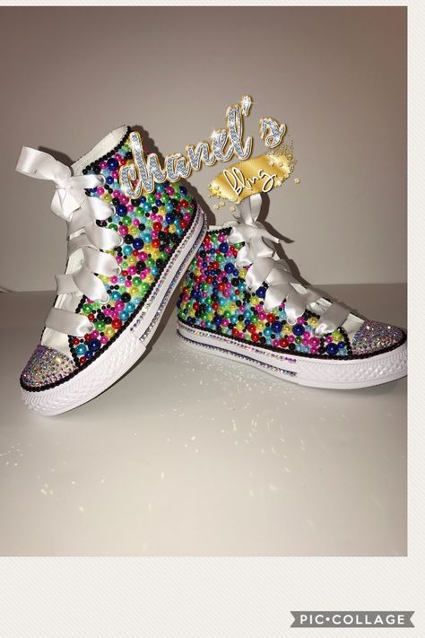 Weddings Shoes, Sparkling Shoes, Fancy Sneakers, Reception Shoes, Bedazzled Shoes, White High Top Converse, Homecoming Shoes, Bling Converse, Ribbon Shoes