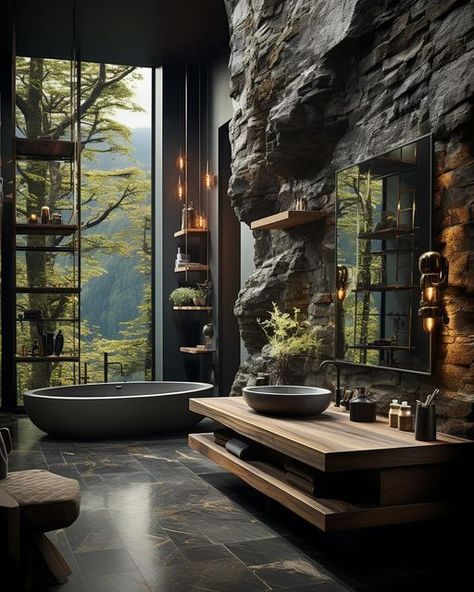 Luxury Dark Aesthetic, Craftsman Interior Design, Tranquil Bathroom, Black Houses, Forest Home, Aesthetic Forest, Rustic Bathroom Designs, Chic Interior Design, House Design Pictures