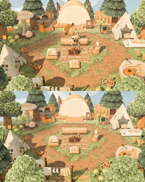 Acnh Cottage Core Builds, Acnh Cottagecore Theme, Animal Crossing Forest Core Ideas, Acnh Island Cottagecore Ideas, Acnh Campsite Ideas Cottagecore, Acnh Cottage Core Island Ideas, Acnh Campsite Idea, Animal Crossing Island Inspiration Campsite, Camp Ideas Animal Crossing