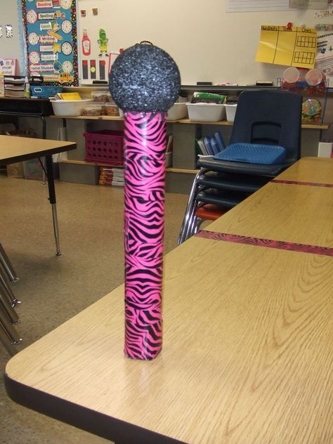 Our "talking stick" microphone. They love this- foam ball painted black, paper towel roll stuffed with paper towels, hot glued the foam ball on there and covered it with zebra print duct-tape. Blurt Chart, Third Grade Classroom Management, Being A Good Listener, Classroom Management Preschool, Recess Time, A Good Listener, Talking Stick, Teaching Classroom Management, Prek Classroom