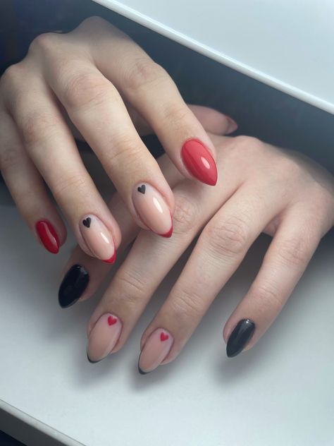 Black And Red French Nails, Black And Red French Tip, Red And Black French Tip Nails, Black And Red French Tip Nails, Heart French Nails, Red French Tip Nails, Black And Red Heart, Red French Tip, Black French Nails