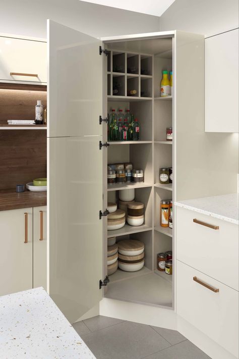 Model Dapur, Kitchen Larder, Desain Pantry, Corner Pantry, Kabinet Dapur, New Kitchen Cabinets, Kitchen Corner, Modern Kitchen Cabinets, Pantry Design