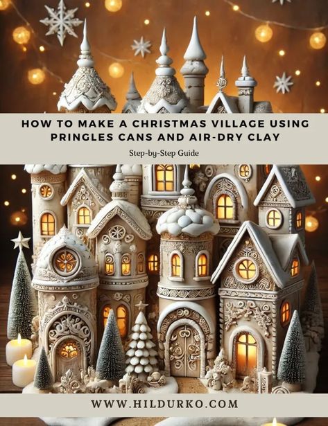 How to Make a Christmas Village Using Pringles Cans and Air-Dry Clay - Colorful Conversations: HildurKO's Visual Journal Air Dry Clay Xmas Ideas, Christmas Gnome Village, Making Air Dry Clay, How To Set Up Christmas Village, Air Dry Clay Christmas Village, Clay Christmas Village Diy, Air Dry Christmas Decorations, Big Christmas Decorations Diy, Diy Clay Gingerbread House