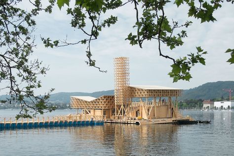 Pavilion of Reflections  / Studio Tom Emerson Tom Emerson, Waterfront Architecture, Roof Cladding, Floating Architecture, Temporary Structures, Wood Architecture, Wooden Structure, Restaurant Architecture, Timber Structure