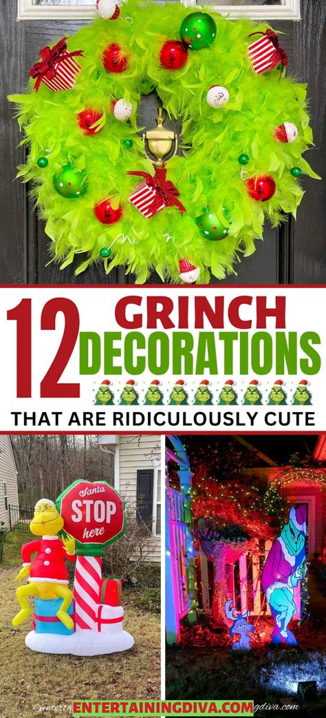 12 Awesome Grinch Outdoor Christmas Decor Ideas | Christmas Ideas Grinch House Decoration Outdoor, Diy Grinch Porch Decorations, Grinch Decorated House, Outdoor Whoville Decorations, Grinch Christmas Lights Outdoor House, Grinch Garage Door, Grinch Exterior Decor, Outdoor Christmas Lights Grinch, Grinch Pulling Lights Off House