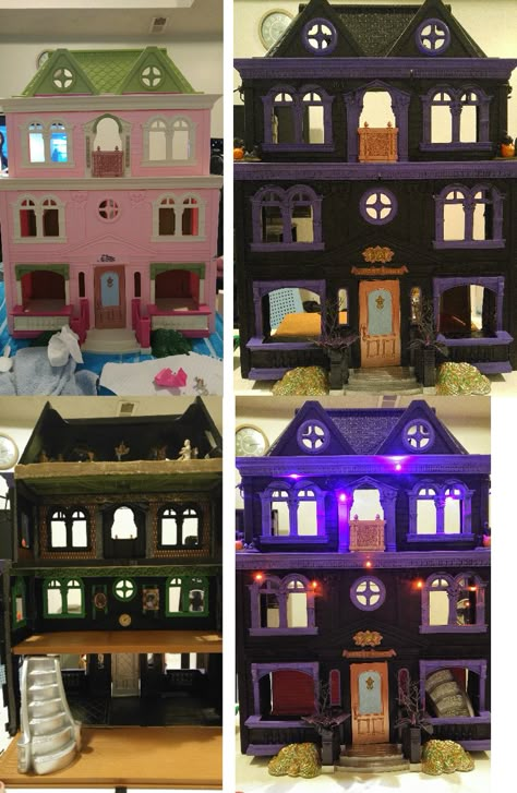 my daughters old doll house was turned into a haunted doll house. We spray painted the house black. Hand painted the trim purple.  For the interior we painted and used scrapbook paper for the walls, ribbon was glued with a hot glue gun for decor and adding Halloween stickers for additional decor as well. Lastly we added some glow in the dark paint and battery operated purple & orange lights for a great finished piece. We love it! Doll House To Haunted House, Dollhouse Transformation, House Decor Dark, Old Doll House, Haunted Doll House, Haunted House Ideas, Spooky Miniatures, Halloween Dollhouse, Halloween Houses