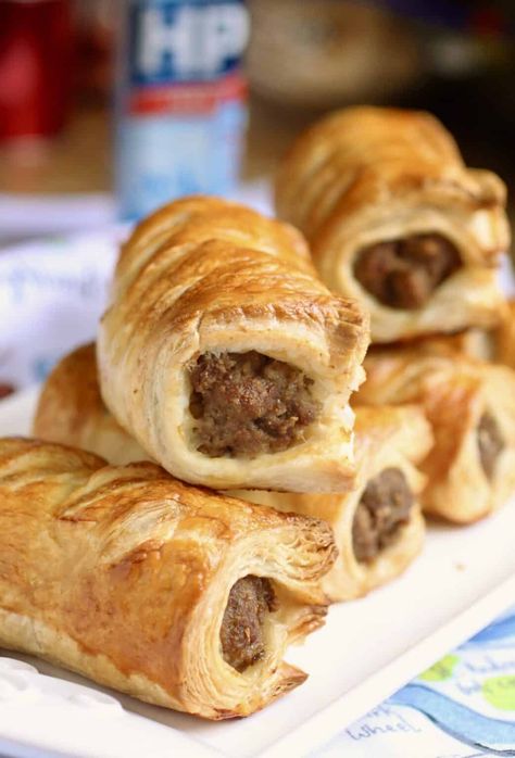 Sausage rolls and HP Sauce Sausage Rolls Recipe, Apple Pork, Apple Sausage, Puff Pastry Sheets, Kids Party Food, Flaky Pastry, Sausage Rolls, Onion Soup Mix, Pork Sausage