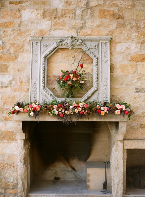 Flowers On Mantle, Mantel Flowers, Jewel Tone Color Palette, Fireplace Mantel Designs, Mantel Design, Jewel Tone Colors, The Fireplace, Ceremony Backdrop, Mantle Decor