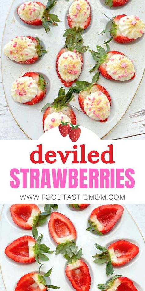 Try filling your deviled egg platter with juicy strawberries! This yummy dessert combines fresh berries with a creamy cheesecake filling. via @foodtasticmom Deviled Strawberries, Egg Platter, Fresh Strawberry Recipes, Deviled Egg Platter, Easter Appetizers, Easter Dishes, Easter Brunch Food, Easter Desserts Recipes, Lake Food Ideas