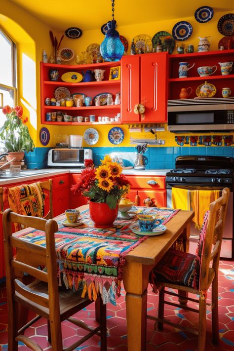 15 Awesome Mexican Style Kitchen Ideas Mexican Kitchen Shelves, Mexican Theme Kitchen Decor, Mexican Colors Walls, Mexican Interior Design Kitchen, Yellow And Red Kitchen, Mexican Dining Room Decor, Bohemian Kitchen Ideas, Mexican Style Kitchens Ideas, Mexican Inspired Kitchen