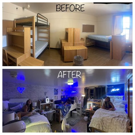 Triple College Dorm Room, Dorm Room For Three People, 4 Person Dorm Room Layout, Dorm Room Layout Ideas, College Triple Dorm Room Ideas, Dorm Room Setup Layout, 2 Bed Dorm Room Layout, 3 Bed Dorm Room Layout, 4 Person Dorm