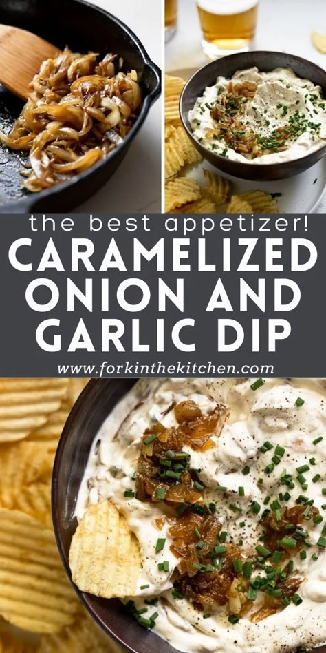 This is the only caramelized onion and garlic dip you'll need from here on out! Whether it's game day, a party with friends, or just a good ol' onion dip craving, this one is THE recipe. Made with roasted garlic and sweet caramelized onions in a creamy dip base, you won't be able to stop dipping potato chips in this easy-to-make dip! Dip For Potato Chips, Chip Dip Recipes, Onion Dip Recipe, Caramelized Onion Dip, Crunchy Potatoes, Delicious Dips Recipes, Garlic Dip, French Onion Dip, Roasted Onions