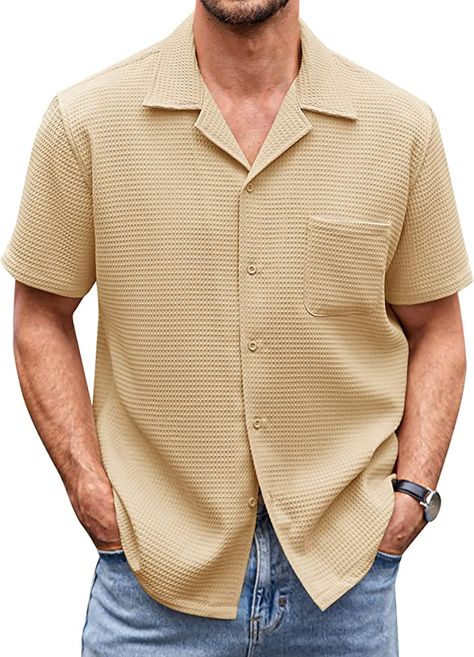 Beige Sky, Waffle Shirt, Suit Collar, Mens Holiday, Short Sleeve Pattern, Loose Shirts, Color Shorts, Mens Activewear, Casual Shirt