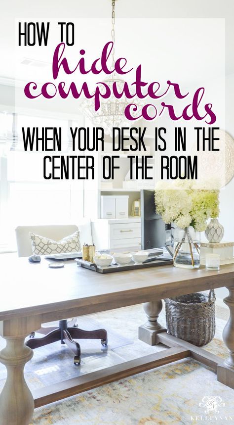 Not sure if you can put your desk in the center of the room without those ugly computer cables? See how to hide your computer cords when your desk is in the center of the room- this is a game changer idea for your home office! Hide Computer Cords, Cozy Home Office, Office Remodel, Office Guest Room, Interior Minimalista, Office Layout, Office Makeover, Computer Cables, Craft Room Office