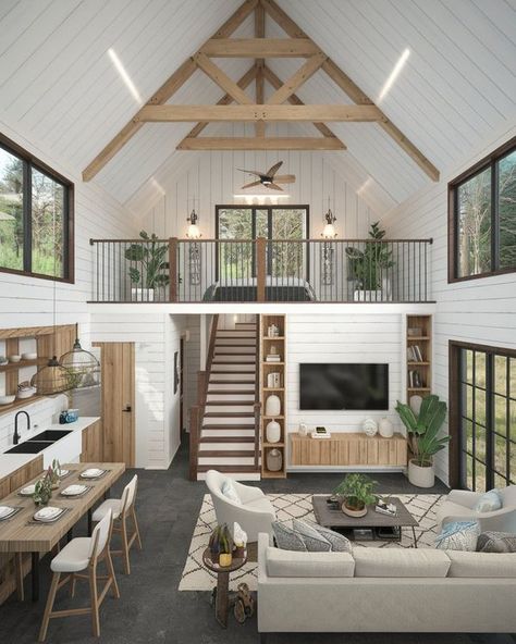 Living Room With Loft Above, Tiny Loft House Design, Small Houses Interiors, Loft Overlooking Living Room, Great Room With Loft, Loft Type House, Tiny House Interior Design Ideas, Converted Barn Homes, Farmhouse Loft