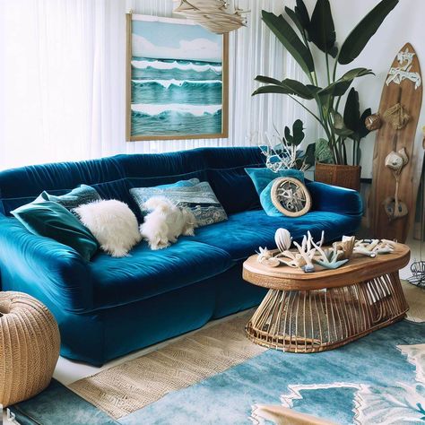 blue couch ocean boho nautical living room Ocean Living Room Decor, Ocean Inspired Living Room, Ocean Themed Living Room, Ocean Theme Living Room, Ocean Living Room, Blue Couch Living Room, Nautical Living Room, Blue Couch, Blue Couches