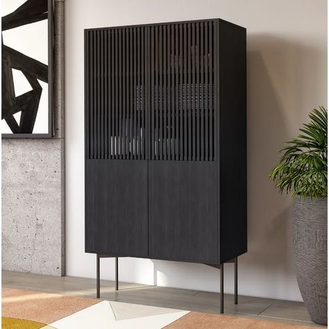 Joss & Main Dawes - Modern Black Oak Tall Buffet - Wayfair Canada Tall Cabinet Living Room, Mid Century Modern Cabinets, Louvre Doors, Entryway Storage Cabinet, Tall Sideboard, Black Buffet, Black Mid Century Modern, Dining Buffet, Modern Storage Cabinet