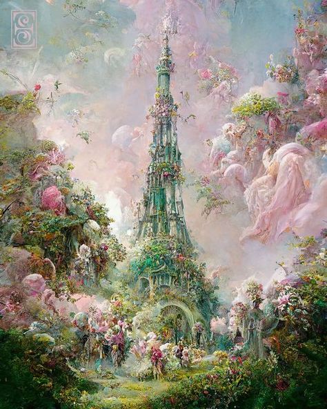 Fantasy Tower, Ethereal Landscape, Pink Fairy, The Arrival, Dreamy Art, Beautiful Fantasy Art, Art Artwork, Scrapbook Paper, Surrealism