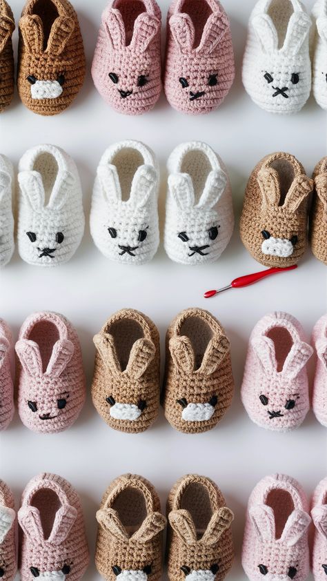 Free crochet pattern for beautiful rabbit baby shoes. Clear instructions for crafting lovely shoes. Ideal for any baby outfit. Crochet Baby Shoes Pattern Free, Baby Shoes Knitting Pattern Free, Crochet Bunny Slippers, Baby Crochet Shoes Free Pattern, Crochet Baby Slippers Free Pattern, Crochet Bunny Applique Pattern Free, Baby Shoes Crochet Free Pattern, Crochet Baby Items Free Patterns, Baby Booties Crochet Pattern Free