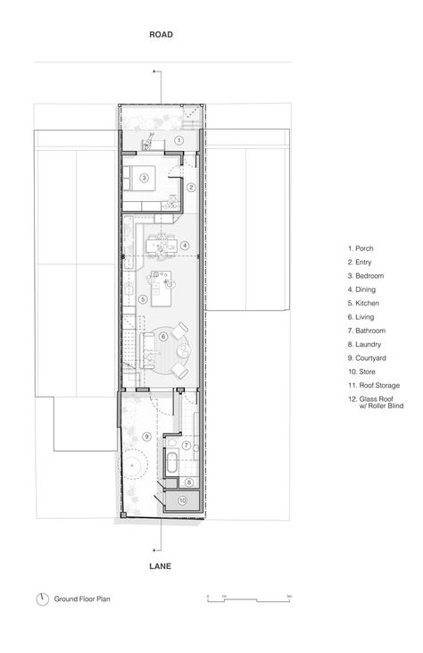 Long Houses Architecture, Slim House Design, Narrow House Layout, Small Japanese House Floor Plans, Modern Loft House Exterior, Small Narrow House Design, Long House Floor Plans, Tiny Concrete House, Long House Design