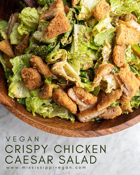 This Crispy Chicken Caesar Salad recipe comes together quickly & easily. A creamy dressing tossed with romaine & topped with crispy chicken. Vegan Crispy Chicken, Fried Chicken Salads, Vegan Chicken Salad, Crispy Chicken Salads, Chicken Caesar Salad Recipe, Vegan Chicken Nuggets, Vegan Caesar Salad, Vegan Caesar, Vegan Chicken