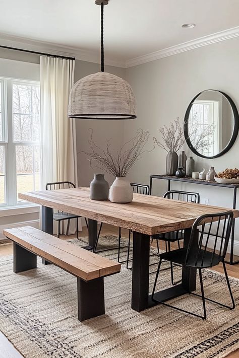 Do you love the charm of farmhouse decor? A rustic wooden table with visible grain becomes the centerpiece of a neutral dining room. Paired with a sturdy bench and metal chairs, it creates a welcoming, casual vibe perfect for family gatherings. Try this farmhouse-inspired setup to bring timeless warmth to your dining space! Dining Room With Wooden Table, Dining Tables With Dark Wood Floors, Long Kitchen Table Ideas, Kitchen Table In Front Of Sliding Door, Kitchen Table Diy Farmhouse, Dining Room Set With Bench, Minimalistic Farmhouse Decor, Rustic Wooden Table Dining, Modern Farmhouse Dining Table With Bench