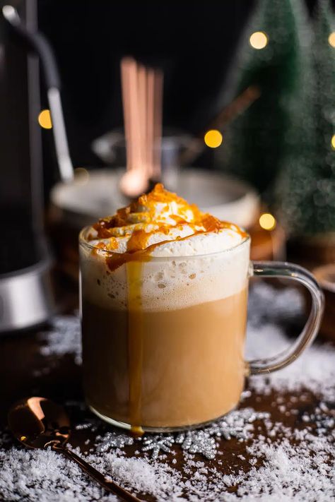 Salted Caramel Brulee Latte | So Much Food Caramel Coffee Drinks, Seasonal Coffee Drinks, Caramel Brulee, Holiday Coffee Drinks, Sugar Free Caramel, Starbucks Espresso, Caramel Brulee Latte, Sugar Free Whipped Cream, Low Carb Maven