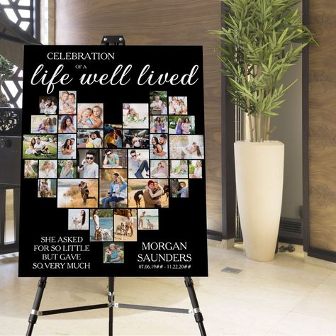 Heart Shaped Photo Collage Funeral service board which you can also display at the wake or celebration of life memorial gathering. The photo template is set up for you to add your pictures which are displayed in landscape, portrait and square formats to automatically display a heart shape. If you have any problems with photo display, try cropping it to the appropriate shape and re-uploading. The design features elegant hand written script and formal typography in black and white and is lettered Simple Celebration Of Life Ideas, Trip Down Memory Lane Party Ideas, Memorial Diy Ideas, Fun Celebration Of Life Ideas, Celebration Of Life Photo Display Ideas, Celebration Of Life Food Ideas, Memory Boards For Funerals, Celebration Of Life Centerpieces, Celebration Of Life Table Ideas