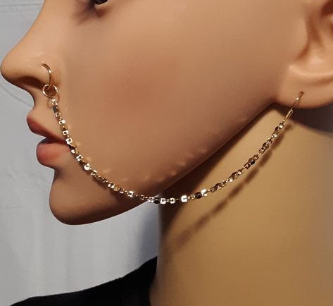 Nose To Ear Chain, Edgy Jewelry, Ear Chain, Body Chains, Gold Nugget, Nose Rings, Shoulder Chain, Piercing Jewelry, Link Chain