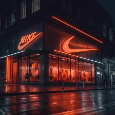 Nike corner store with orange neon signs and strips of led on display. Made with #midjourney #nike #architecture #nikestore #AI Nike Store Aesthetic, Orange Signage, Nike Store Design, Light Signage, Adidas Iphone Wallpaper, Orange Store, Studio Vibes, Neon Signage, White Restaurant