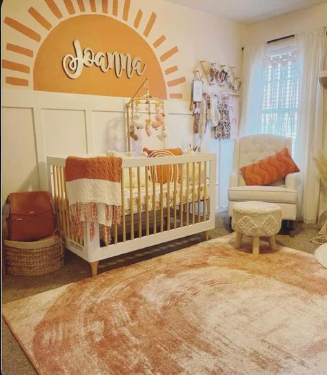 Boho Nursery Board And Batten, Cute Boho Nursery, Sunny Themed Nursery, Pink Wall Boho Bedroom, Terracotta Safari Nursery, Boho Sunshine Room, Yellow And Brown Nursery, Golden Yellow Nursery, Boho Sunflower Nursery