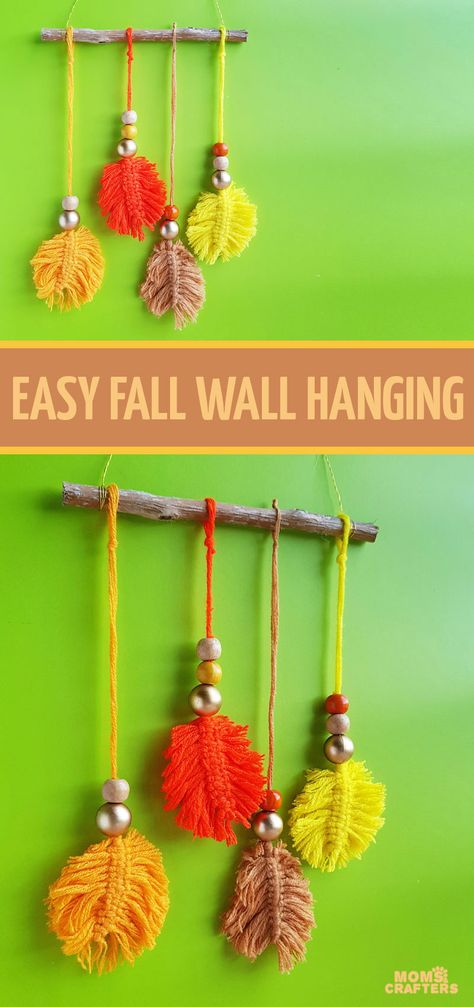 Cheap Fall Crafts For Kids, Macrame Leaf Wall Hanging, Macrame Leaves, Fall Crafts For Adults, Leaf Wall Hanging, Macrame Leaf, October Crafts, Simple Macrame, Easy Fall Crafts