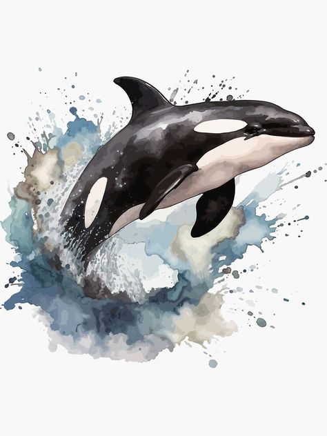 Orca Watercolor Painting, Water Colour Animals, Orca Watercolor, Background For Poster, Orca Art, Whale Sticker, Whale Pictures, Earth Drawings, Whale Painting