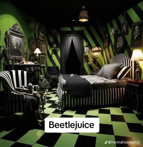 Tim Burton Interior Design, Beetlejuice Interior Design, Beetlejuice Living Room, Upcycling Interior Design, Beetlejuice Bed, Beetlejuice Bedroom Ideas, Beetlejuice Room Decor, Beetlejuice Room Ideas, Tim Burton Themed Room