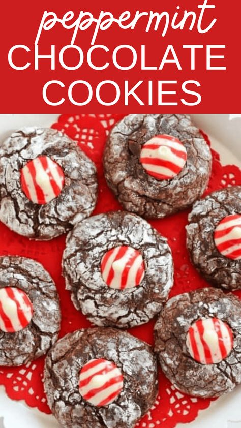 Chocolate Peppermint Kiss Cookies are soft and chewy chocolate cookies topped with a peppermint candy Hershey's Kiss. Perfect for the holidays. Chocolate Peppermint Hershey Kiss Cookies, Peppermint Kiss Chocolate Cookies, Mint Kisses Recipes, Chocolate Cookie With Peppermint Kiss, Peppermint Hershey Kisses, Hersheys Peppermint Kiss Cookies, Chocolate Cookies With Peppermint Kisses, Hershey Peppermint Kiss Cookies, Chocolate Peppermint Kiss Cookies