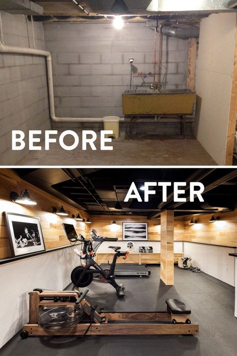 Basement Remodel Before and After Basement Ideas 2023, Basement Gym And Movie Room, Wet Basement Remodel, Half Basement Remodel, Mechanical Room Ideas Basements, Basement Gym No Windows, Cinderblock Wall Makeover Basement, Block Basement Wall Ideas, Bilevel Basement Ideas