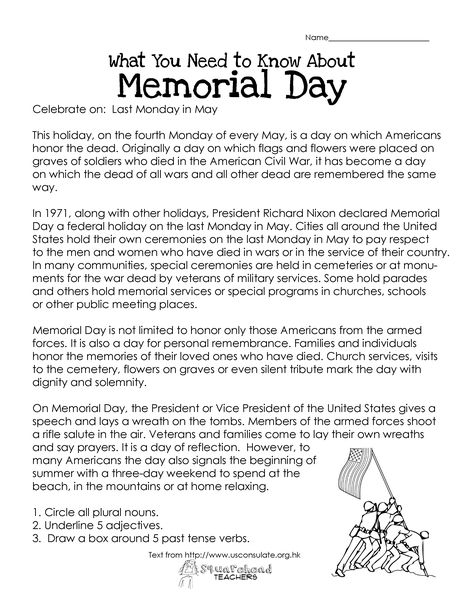 Memorial Day (free worksheet) | Squarehead Teachers. Repinned by SOS Inc. Resources pinterest.com/sostherapy/. Memorial Day Worksheets, Memorial Day Poem, Parts Of Speech Practice, Memorial Day Activities, Memorial Day Coloring Pages, Holiday Facts, Free Worksheets For Kids, Sequencing Worksheets, History Worksheets