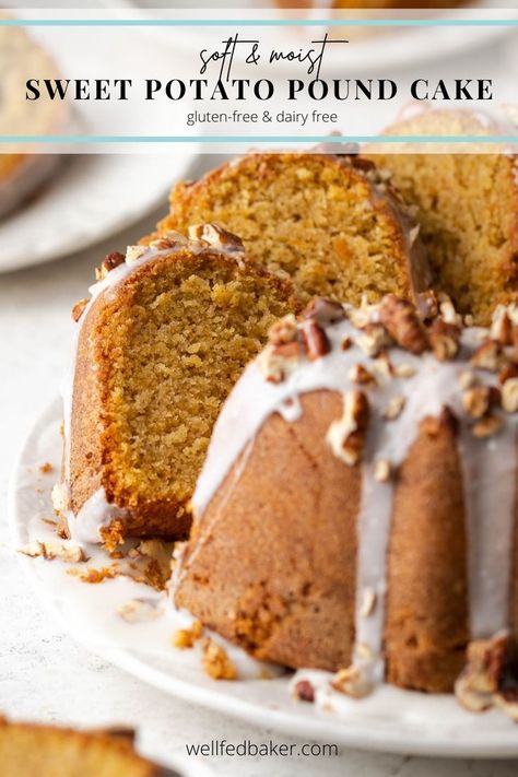 This gluten free & dairy free sweet potato poundcake is soft and moist with the perfect pound cake texture. No one will ever know it's gluten free. Sweet Potato Cake Vegan, Paleo Pound Cake, Gluten Free Pound Cake Recipe, Random Desserts, Gluten Free Pound Cake, Fodmap Desserts, Sweet Potato Cake Recipe, Sweet Potato Pound Cake, Sweet Potato Cupcakes