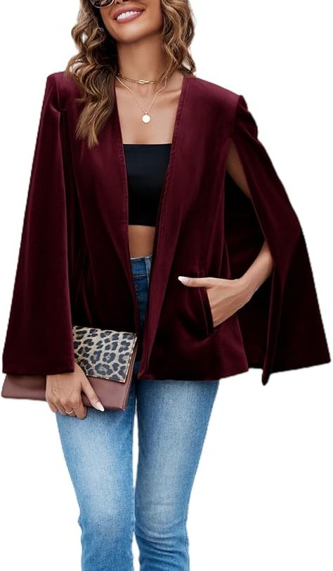 Cicy Bell Women's Velvet Cape Blazer Jackets Casual Split Long Sleeve Open Front Coat Burgundy at Amazon Women’s Clothing store Fall Pullover Sweaters, Cape Blazer, Velvet Cape, Jackets Casual, Casual Blazer Women, Striped Shirt Women, Simple T Shirt, Blazer Style, Blazer Set