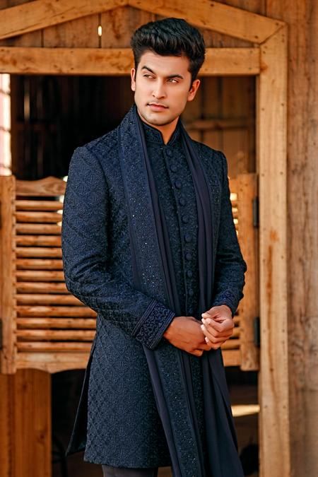 Silk Embroidered Sherwani Set European Winter Fashion, Wedding Outfits For Men, Wedding Dress For Men, European Winter, Embroidered Sherwani, Blue Silk, Mandarin Collar, Navy Blue, For Men