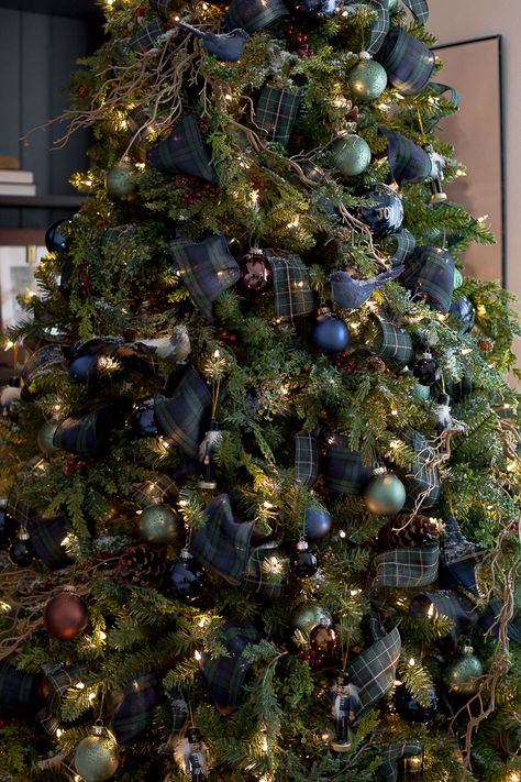 Blue And Green Plaid Christmas Tree, Green Christmas Tree With Blue Ornaments, Navy Blue And Green Christmas Tree, Christmas Tree Dark Aesthetic, Blue Brown Christmas Decor, Green Blue Plaid Christmas, Green On Green Christmas Tree, Christmas Navy Blue Decor, Navy Plaid Christmas Tree